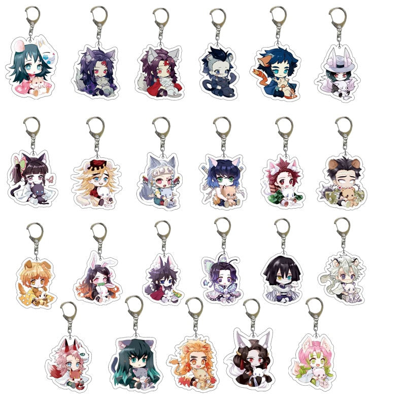 Anime Demon Slayer Acrylic Keychains Cute Kitty Blade of Ghost Key Chains Kamado Tanjirou Cosplay Pompom Yaiba Keyrings Pendant