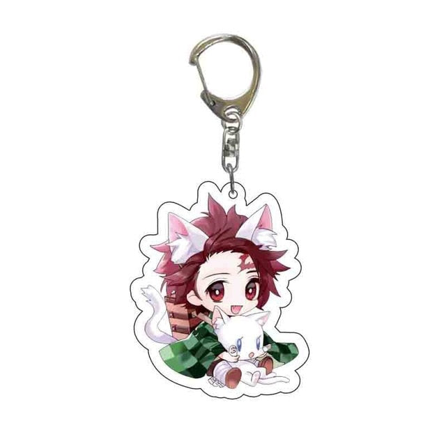 Anime Demon Slayer Acrylic Keychains Cute Kitty Blade of Ghost Key Chains Kamado Tanjirou Cosplay Pompom Yaiba Keyrings Pendant