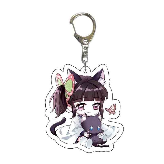 Anime Demon Slayer Acrylic Keychains Cute Kitty Blade of Ghost Key Chains Kamado Tanjirou Cosplay Pompom Yaiba Keyrings Pendant