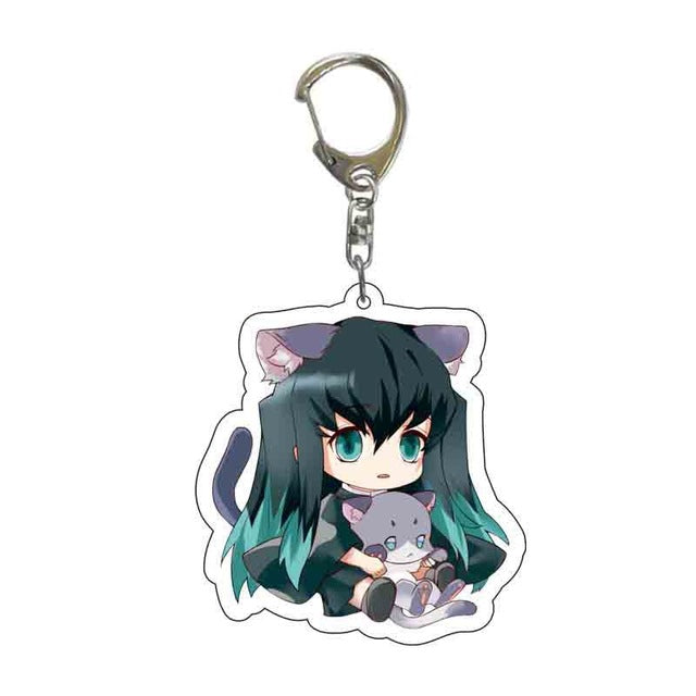 Anime Demon Slayer Acrylic Keychains Cute Kitty Blade of Ghost Key Chains Kamado Tanjirou Cosplay Pompom Yaiba Keyrings Pendant